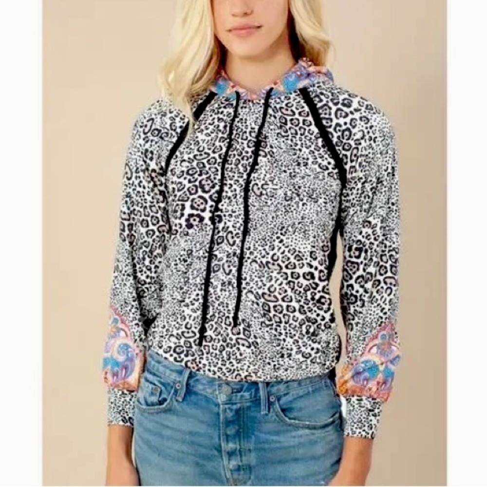 HALE BOB Waverly Leopard Paisley Mixed Print Pullover Hoodie Sweatshirt Size S